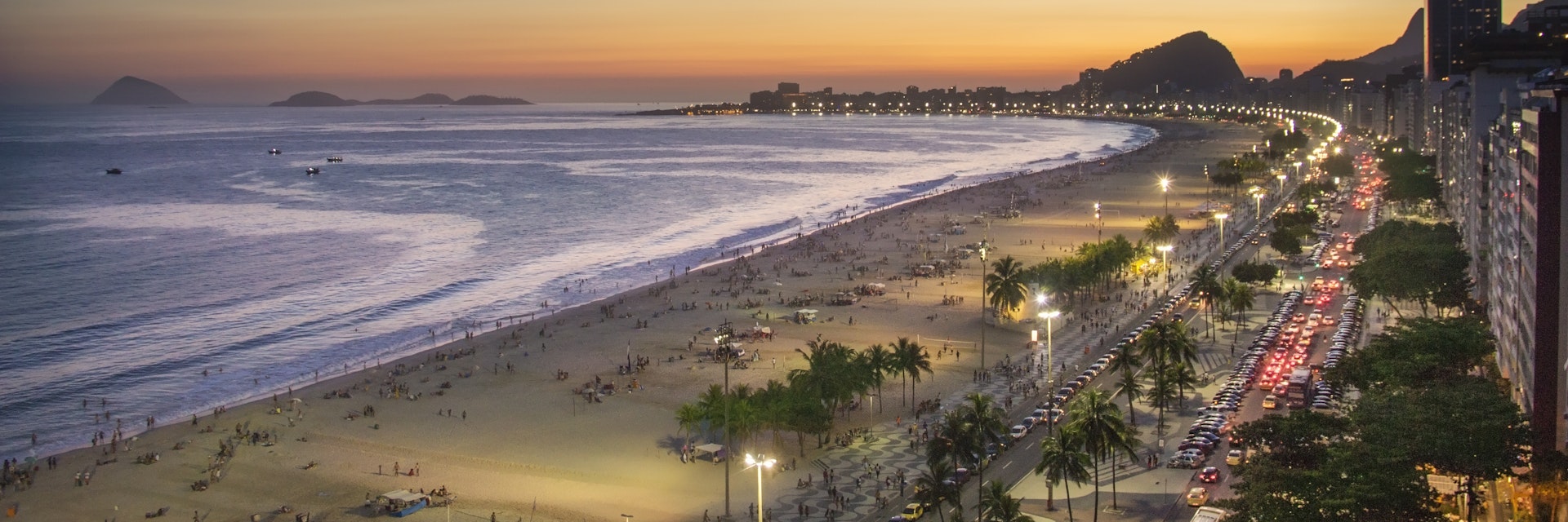 "Brazil, Rio de Janeiro, View of Copacabana beach at sunset"