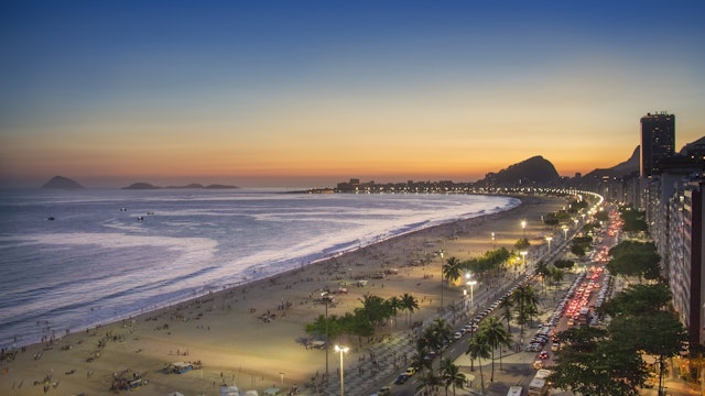 "Brazil, Rio de Janeiro, View of Copacabana beach at sunset"