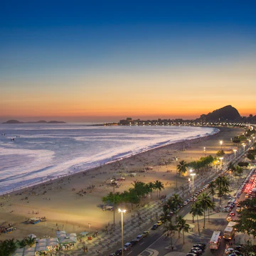 "Brazil, Rio de Janeiro, View of Copacabana beach at sunset"