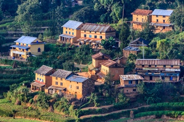 Village by terraced field, Nagarkot, Nepal
