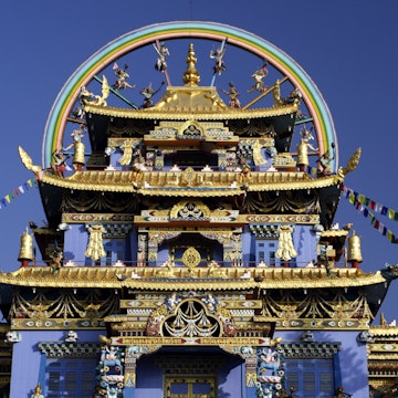 (GERMANY OUT) The wheel of life tops the roof of the Golden Buddha Temple, a Tibetan Buddhist monstery at Namdroling, Karnataka  (Photo by Forster/ullstein bild via Getty Images)