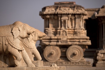 India, Karnataka, Stone Chariot and elephant figures at Vittala Temple in Hampi