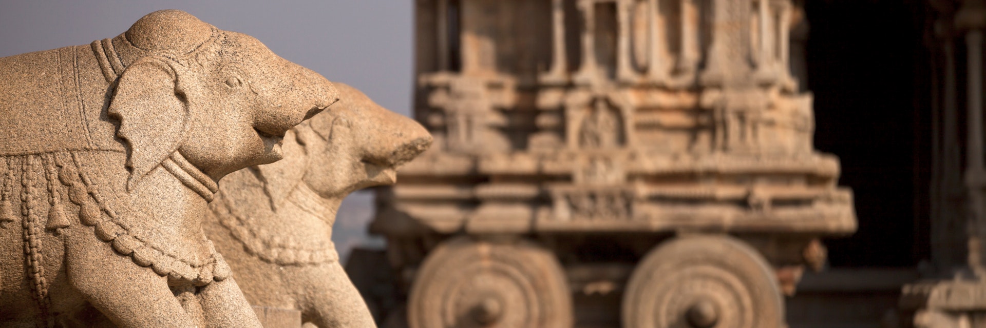 India, Karnataka, Stone Chariot and elephant figures at Vittala Temple in Hampi