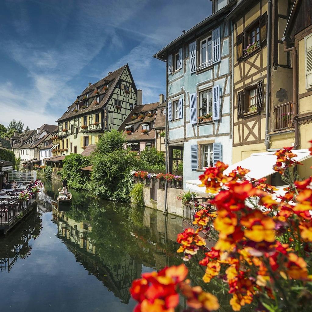 Half timbered houses with summer flowers, Petite Venise, Colmar, Alsace, France