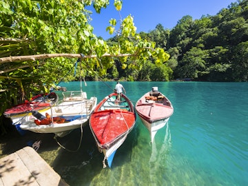 Jamaica, Port Antonio, boats in the blue lagoon