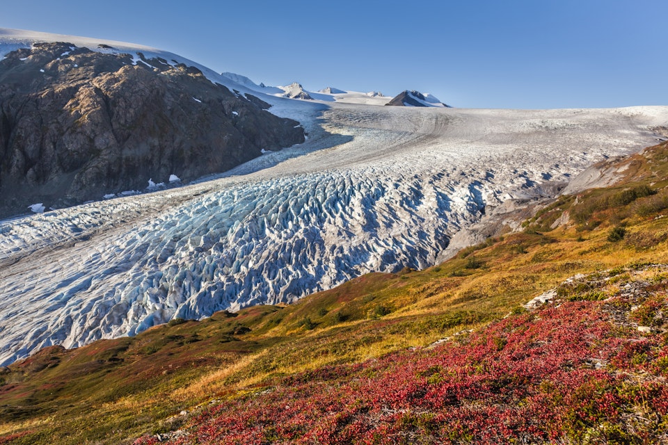 Panorama View Of Exit Glacier Flowing Out Of The Harding Ice Field, Kenai Fjords National Park, Kenai Peninsula, Southcentral Alaska