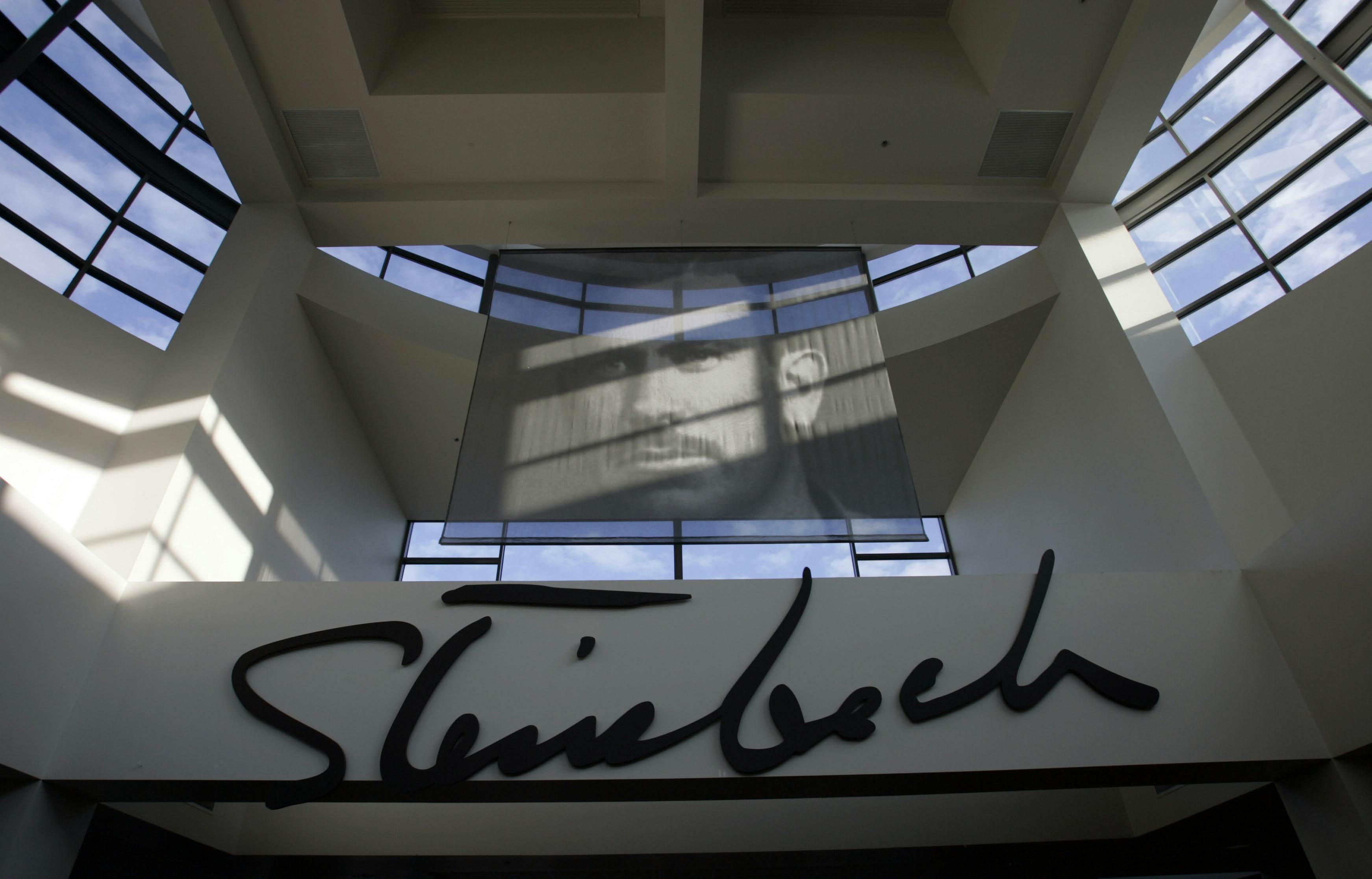 Portrait of John Steinbeck inside the lobby of the National Steinbeck Center in downtown Salinas. The spinach scare is only the latest bad news for Salinas. The biggest city in Monterey County was so broke it nearly shut its libraries two years ago. It s also the least affordable city in the U.S., with the biggest gap between wages and home prices.  (Photo by Stephen Osman/Los Angeles Times via Getty Images)