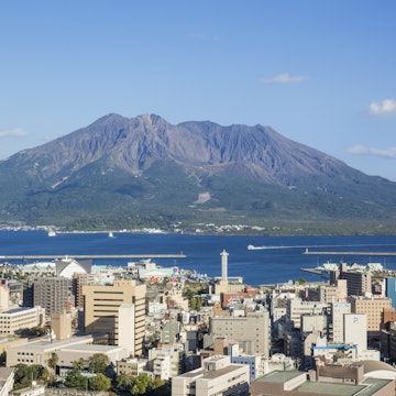 Japan,Kyushu,Kagoshima,Kagoshima City Skyline and Sakurajima Volcano