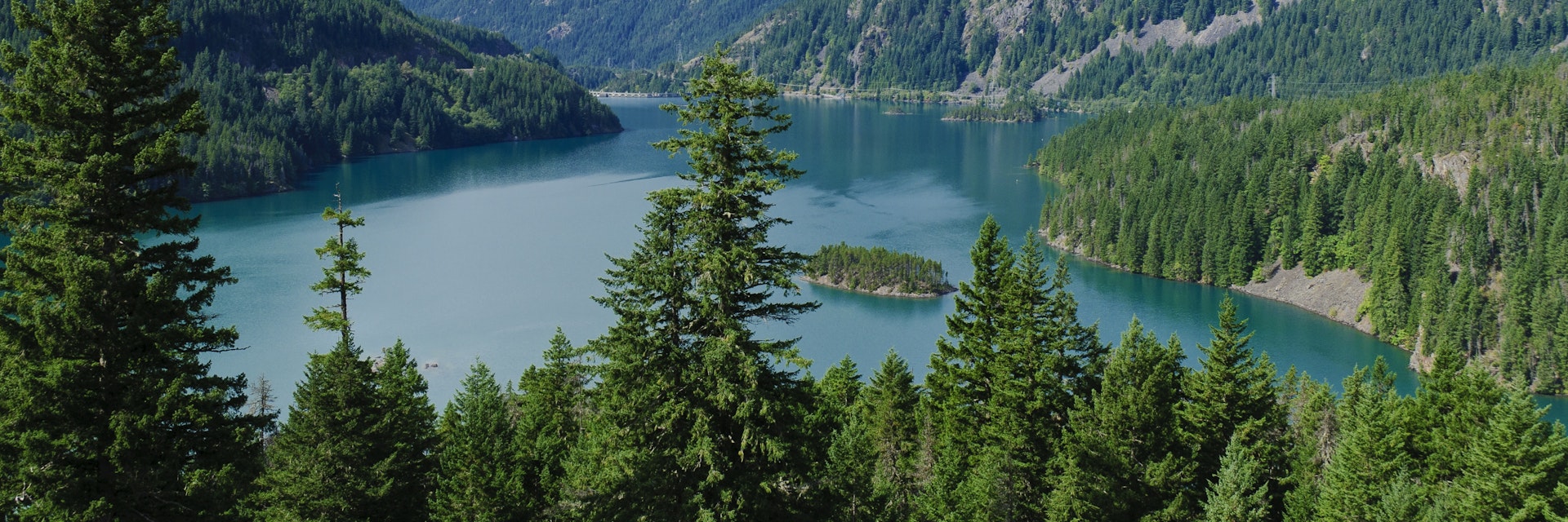 USA, Washington State, North Cascades, Ross Lake National Recreation Area, Diablo Lake and Davis Peak from Diable Lake Overlook