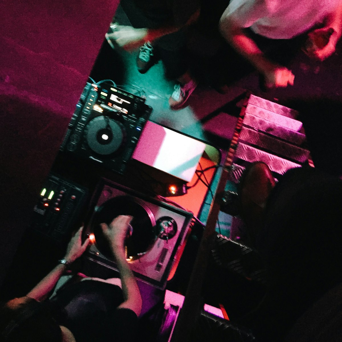 High Angle View Of Person At Mixing Desk In Party