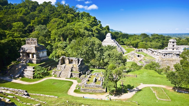 High angle view of old ruins of buildings on a landscape, Tonina, Ocosingo, Chiapas, Mexico