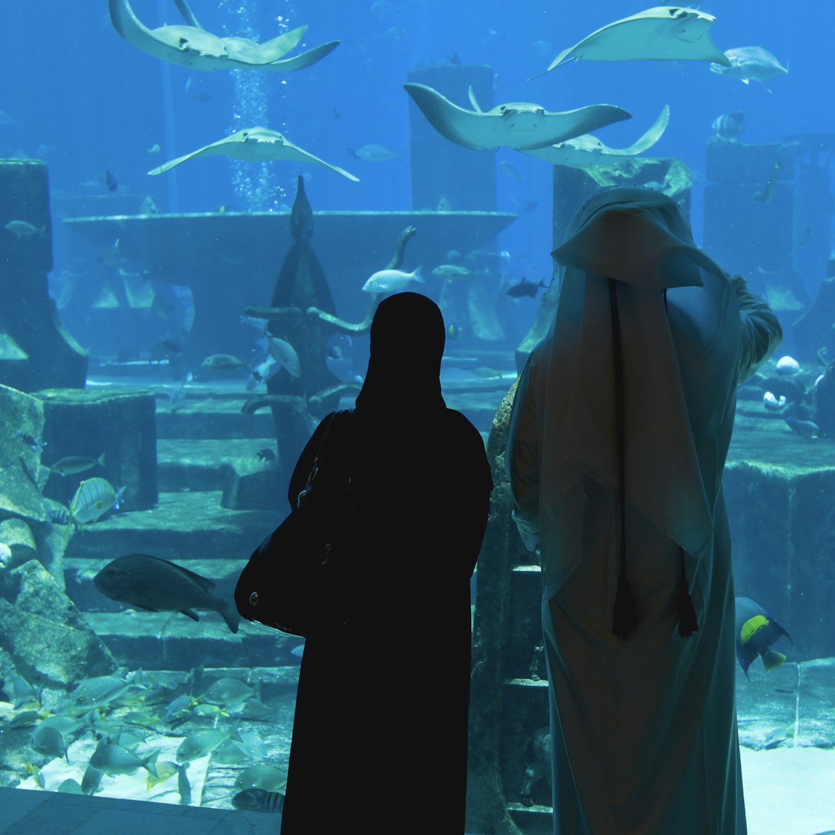 Local couple viewing marine life at Lost Chambers, Atlantis Hotel, Dubai, United Arab Emirates