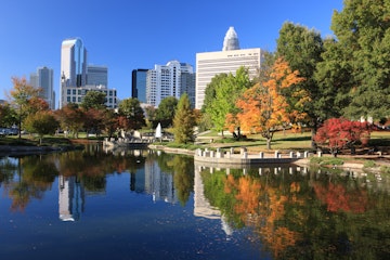 Charlotte skyline and pond, North Carolina