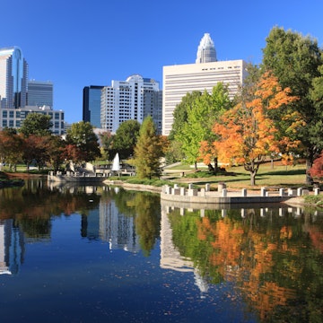 Charlotte skyline and pond, North Carolina