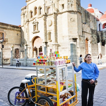 Woman selling Oaxacan deserts from food cart.
