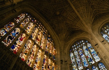 Stained-glass windows decorate King's College Chapel.