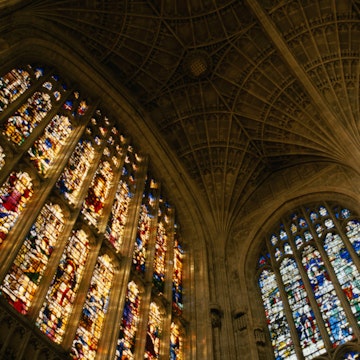 Stained-glass windows decorate King's College Chapel.