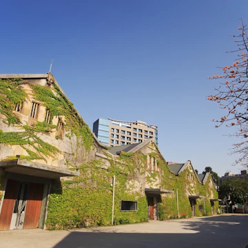 City street with green house with ivies under blue sky in daytime in Huashan Creative Park, Taipei, Taiwan, Asia.; Shutterstock ID 78818179; Your name (First / Last): Josh Vogel; GL account no.: 56530; Netsuite department name: Online Design; Full Product or Project name including edition: Digital Content/Sights