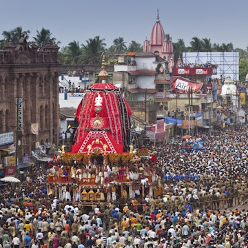 Temple chariot in procession during Rath Yatra Festival.