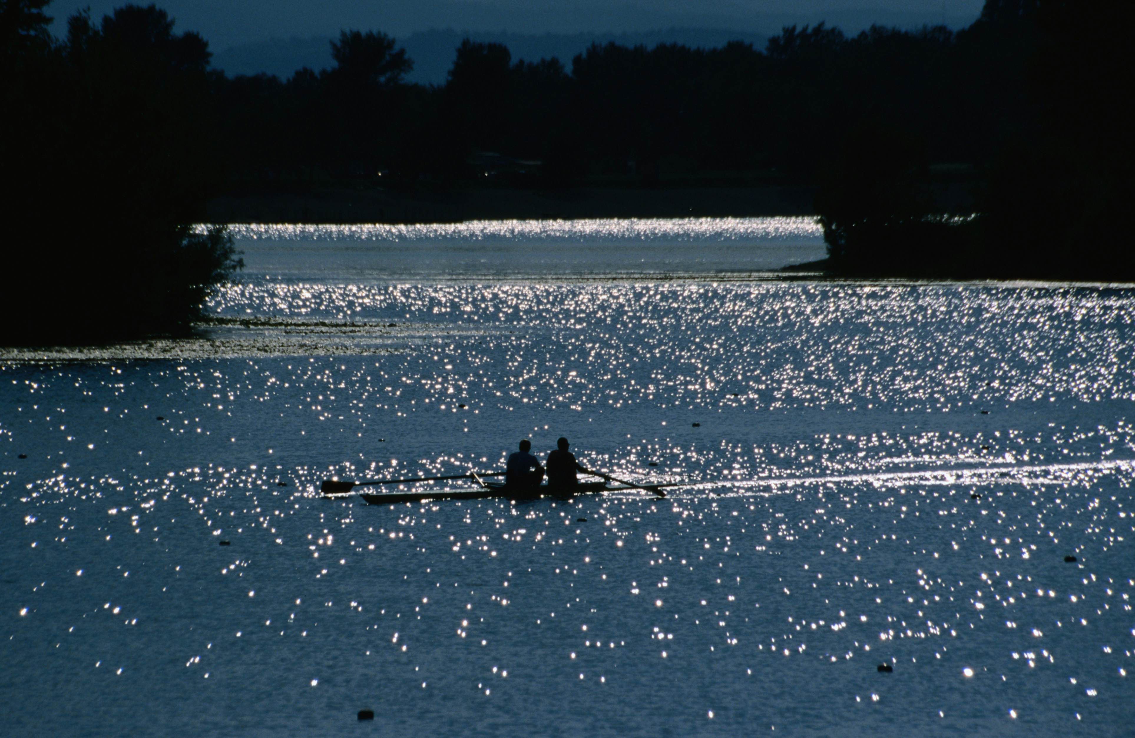 Two rowers propelling their craft through the sun-dappled waters of Jarun Lake.