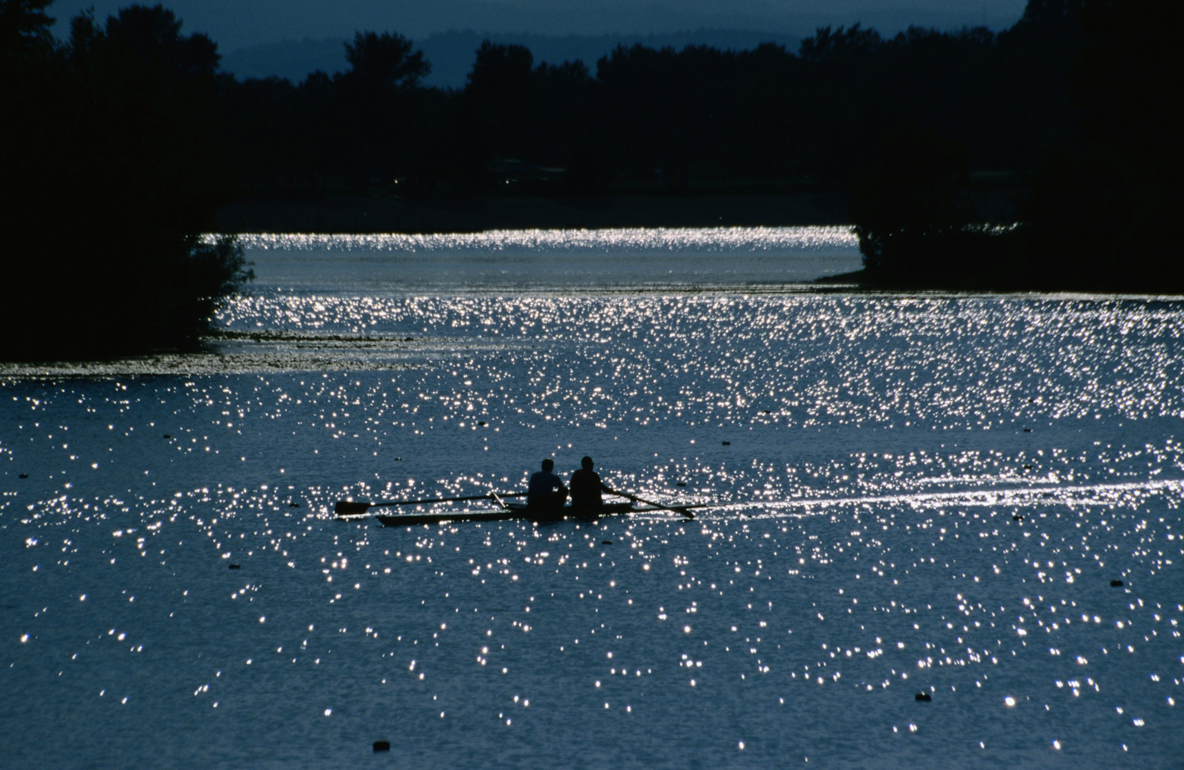 Two rowers propelling their craft through the sun-dappled waters of Jarun Lake.