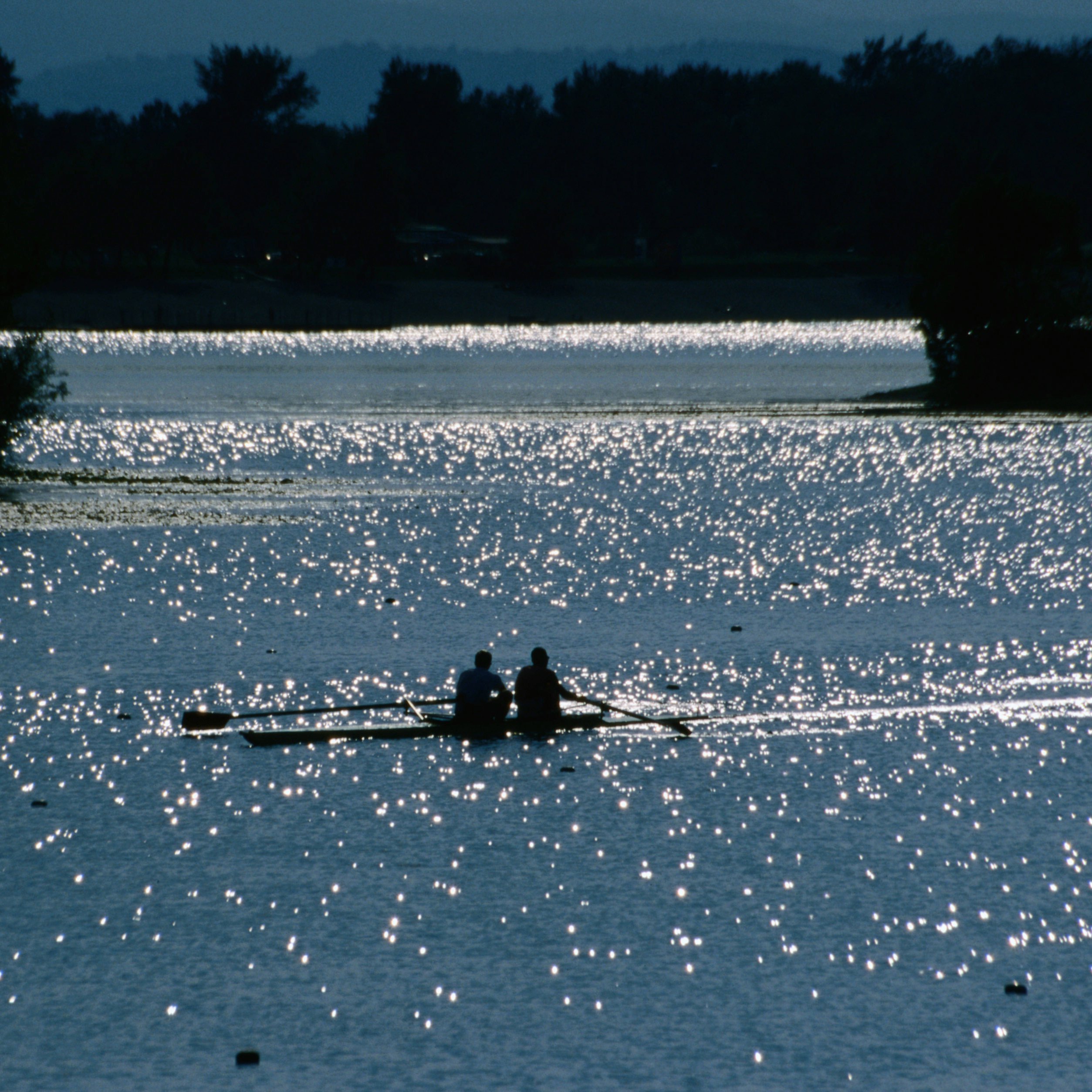 Two rowers propelling their craft through the sun-dappled waters of Jarun Lake.