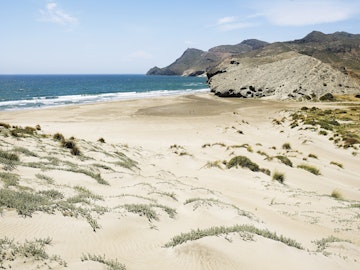 Overview of Playa de Monsul from sand dunes.