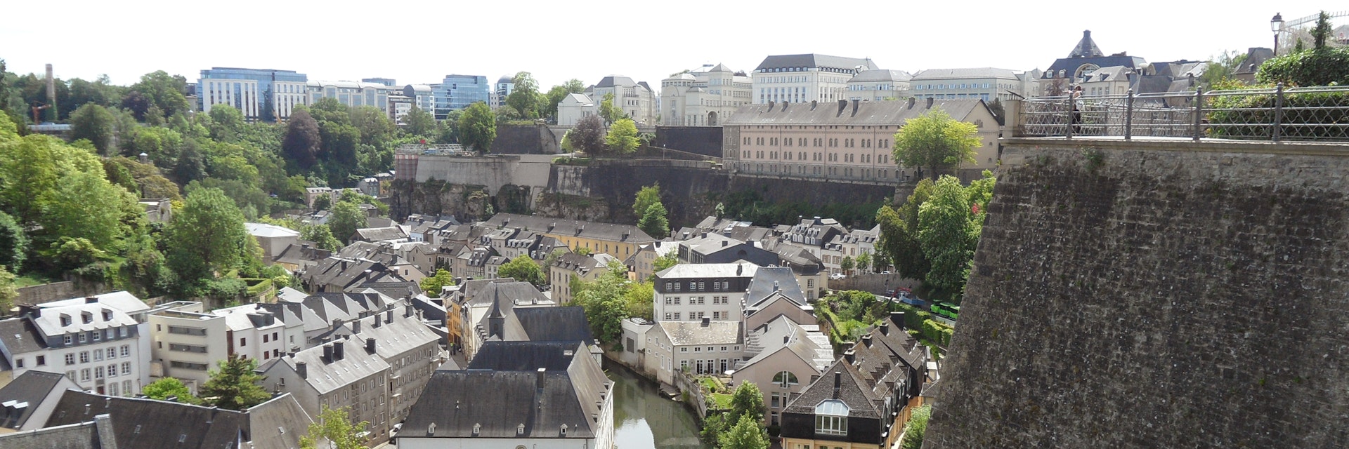 Stunning view of the lower city along Alzette river and Le Chemin de la Corniche of the upper city, Luxembourg