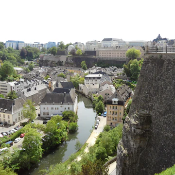 Stunning view of the lower city along Alzette river and Le Chemin de la Corniche of the upper city, Luxembourg