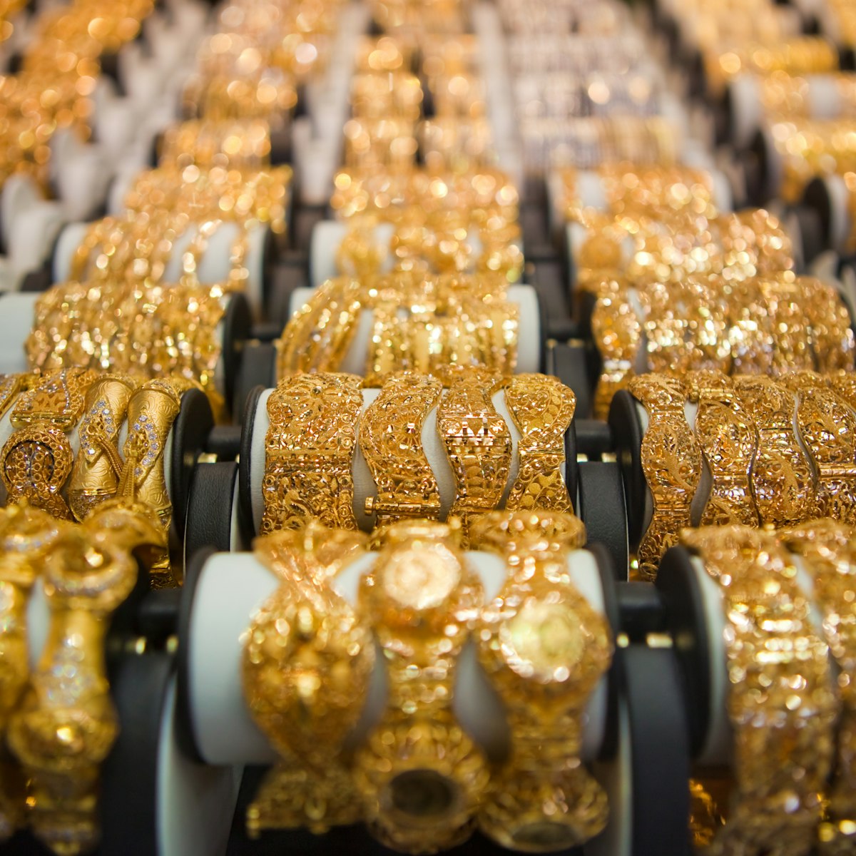Golden jewellery at a souk in Dubai