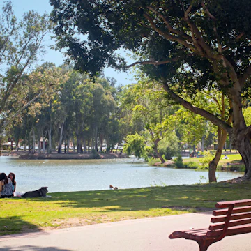 TEL AVIV, ISRAEL - May 6 2016: Lake, bench, girls with dog, and relax in Yarkon Park; Shutterstock ID 698891233; Your name (First / Last): Lauren Keith; GL account no.: 65050; Netsuite department name: Online Editorial; Full Product or Project name including edition: Tel Aviv Online Update