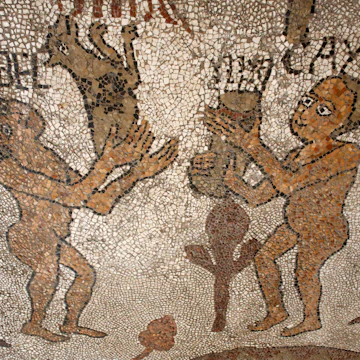 Mosaic of Abel and Cain offering presents to God on the floor of the central nave, Otranto duomo (cathedral), Otranto, Lecce, Apulia, Italy, Europe