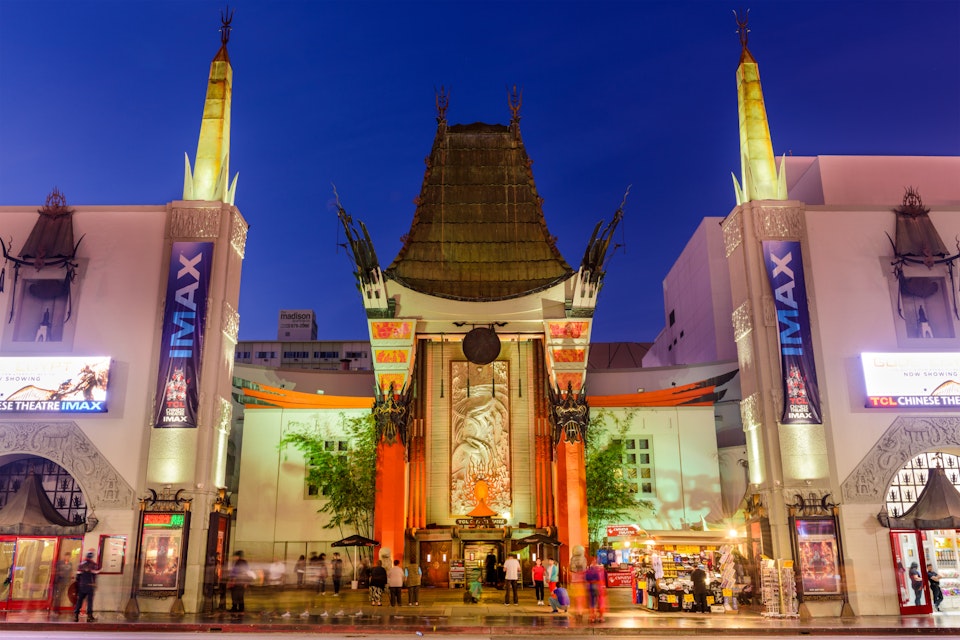LOS ANGELES, CALIFORNIA - MARCH 1, 2016: Grauman's Chinese Theater on Hollywood Boulevard. The theater has hosted numerous premieres and events since it opened in 1927.; Shutterstock ID 384869545; Your name (First / Last): Josh Vogel; GL account no.: 65050; Netsuite department name: Online Design; Full Product or Project name including edition: 65050/Online Design/Josh Vogel/POIs
