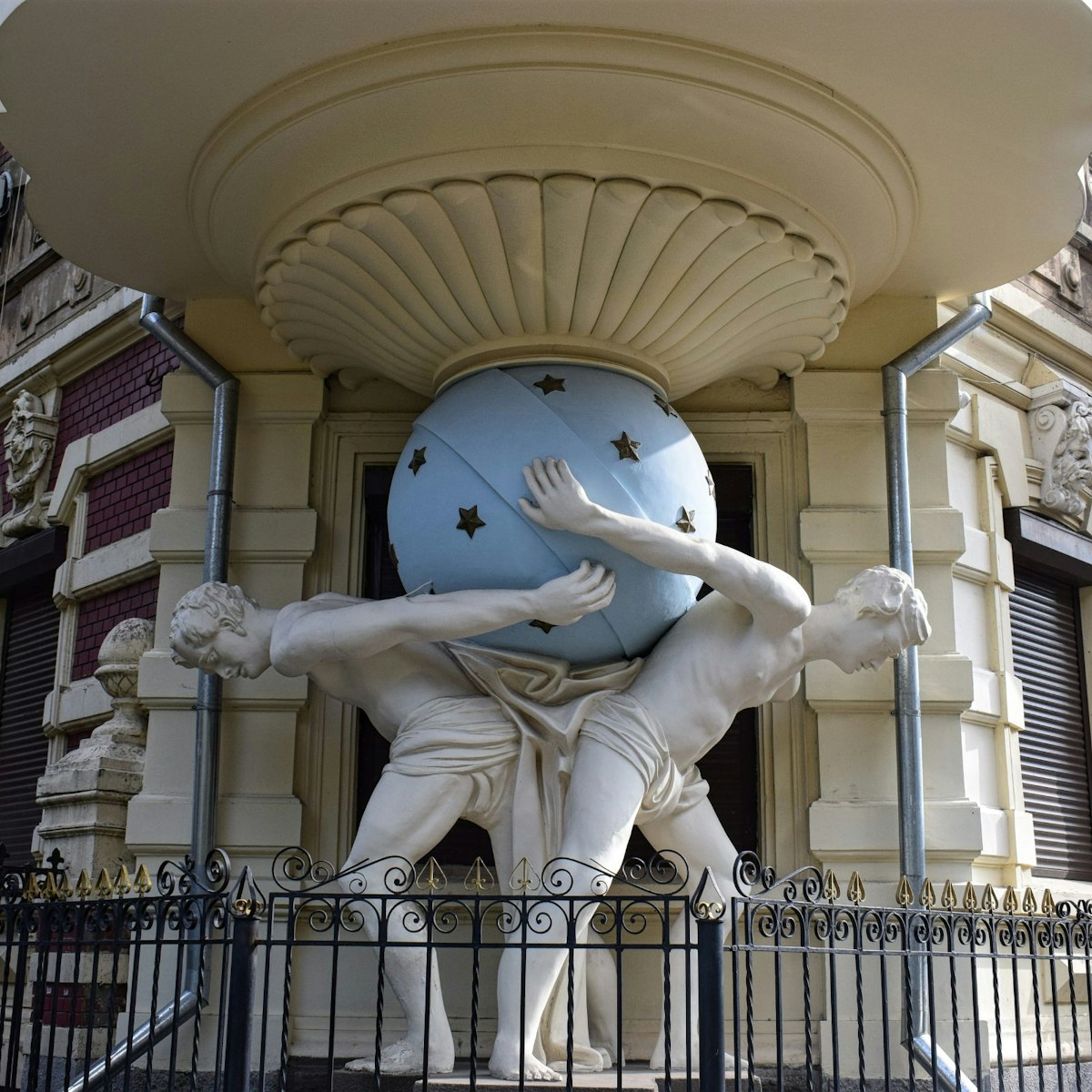 The two atlantes holding a sphere on the art nouveau facade of Falz-Fein House