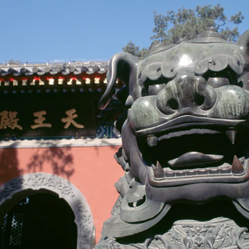 CHINA - MAY 16: Guardian lion statue, Fayuan Si temple, Beijing. China, 15th century. Detail. (Photo by DeAgostini/Getty Images)