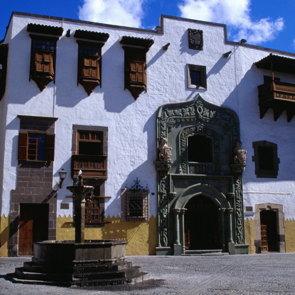 The facade of the Casa de Colon (also known as Columbus House), a museum in Las Palmas and a fine example of Canarian architecture.
