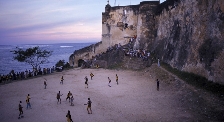 People playing soccer, Fort Jesus, Mombasa, Kenya, Africa