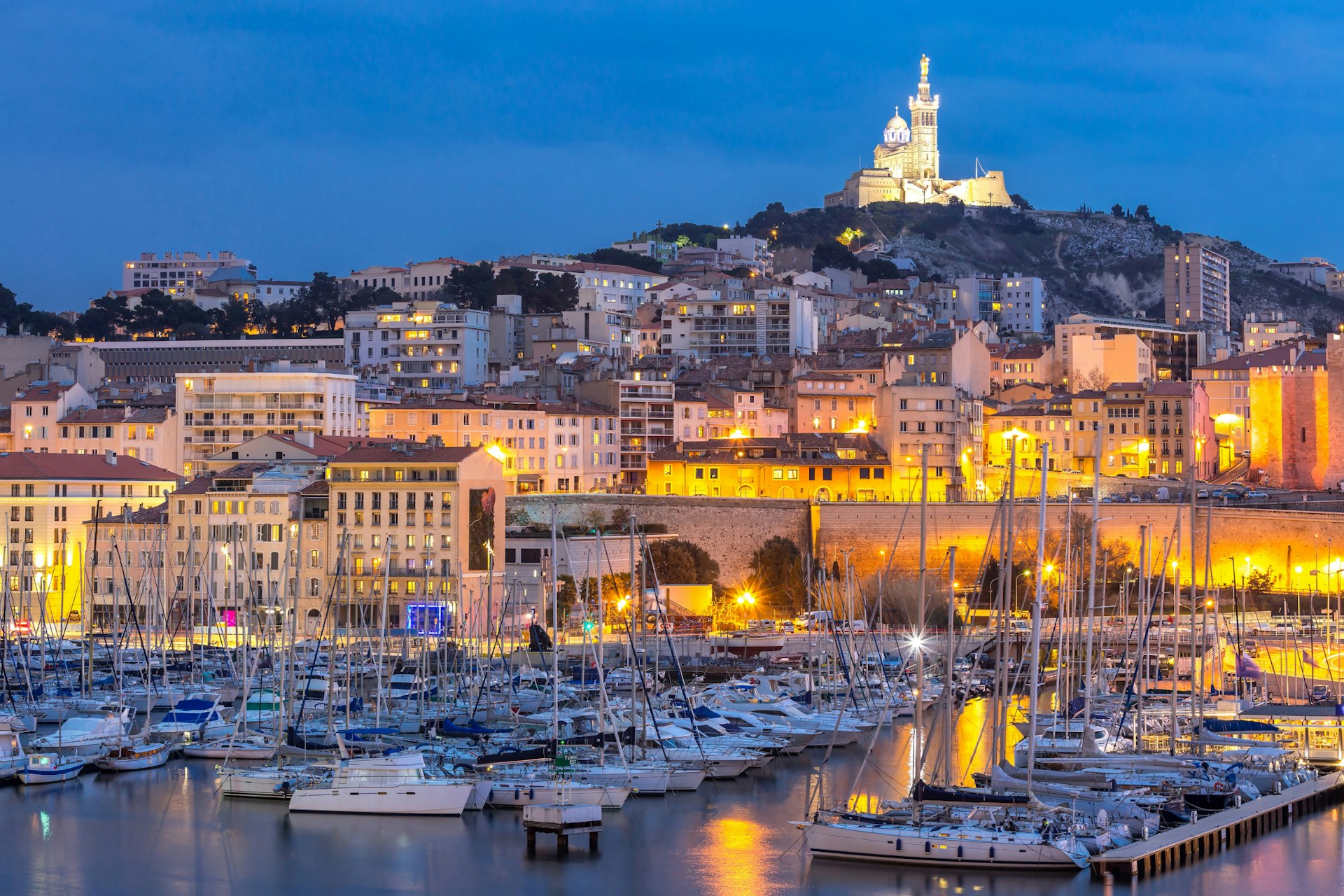 The famous European harbour view on the Notre Dame de la Garde in Marseille