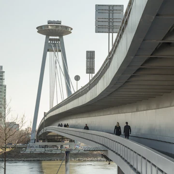 Bratislava, Slovakia, March 2017: view of Novy Most Bridge with famous ufo tower in Bratislava, Slovakia; Shutterstock ID 598119902; Your name (First / Last): Gemma Graham; GL account no.: 65050; Netsuite department name: Online Editorial; Full Product or Project name including edition: Cities Guides app image downloads - Bratislava