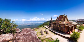 Panorama from Bokor overlooking the pagoda and south Cambodia coast line.