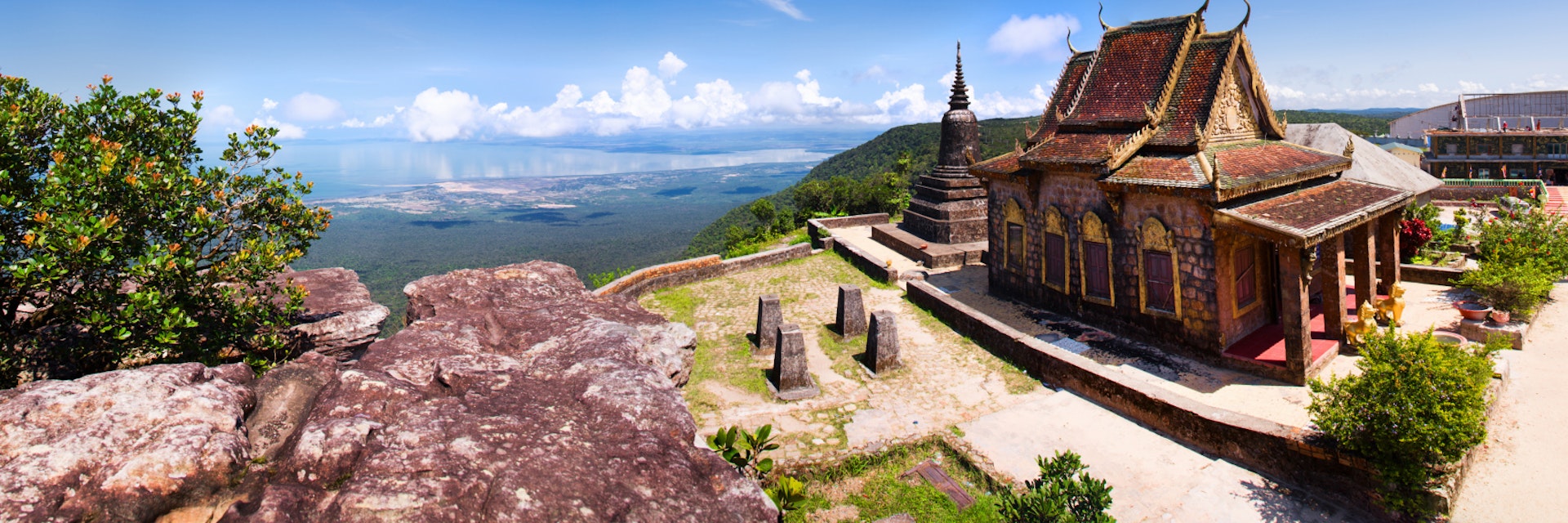 Panorama from Bokor overlooking the pagoda and south Cambodia coast line.