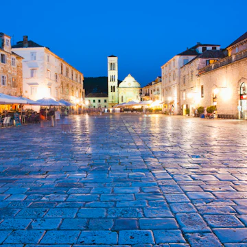 St. Stephens Cathedral in St. Stephens Square at night, Hvar Town, Hvar Island, Dalmatian Coast, Croatia, Europe