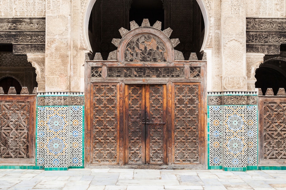 The Medersa Bou Inania is a madrasa in Fes, Morocco. Medersa Bou Inania is acknowledged as an excellent example of Marinid architecture.; Shutterstock ID 1066026653; Your name (First / Last): Lauren Keith; GL account no.: 65050; Netsuite department name: Online Editorial; Full Product or Project name including edition: POI image update