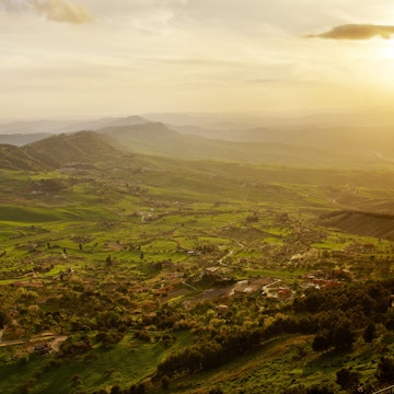 Overview of farmland seen from  town of Enna, located in central Sicily.
