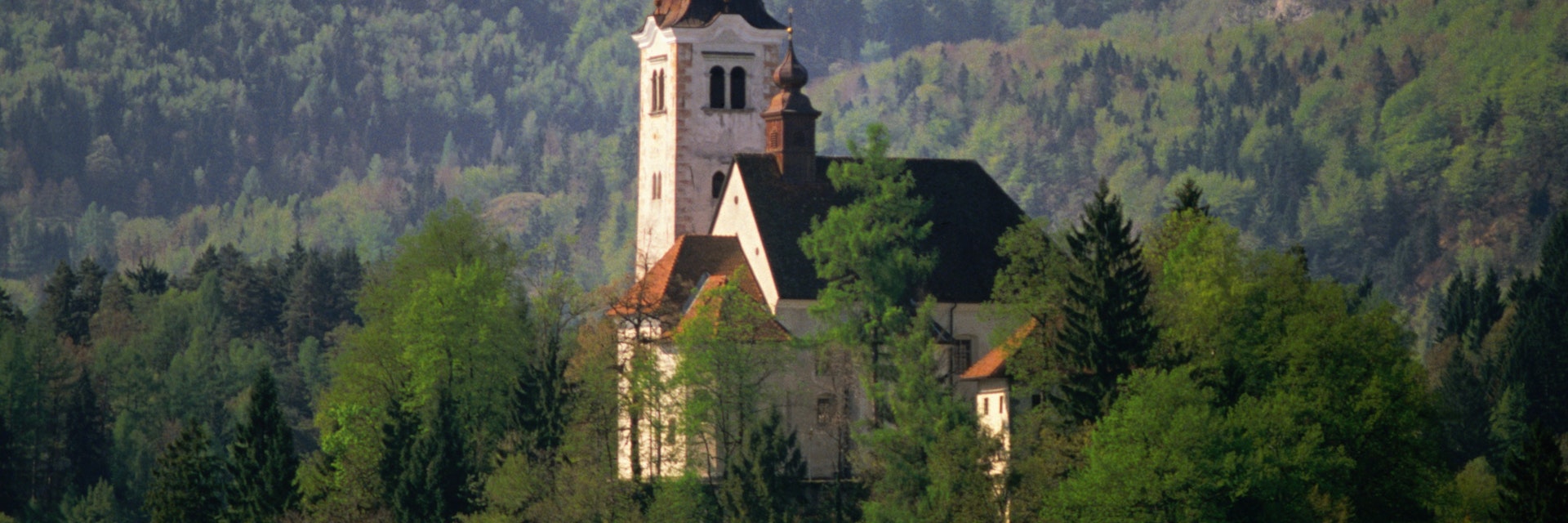Belfry of baroque Church of the Assumption, Bled Island.