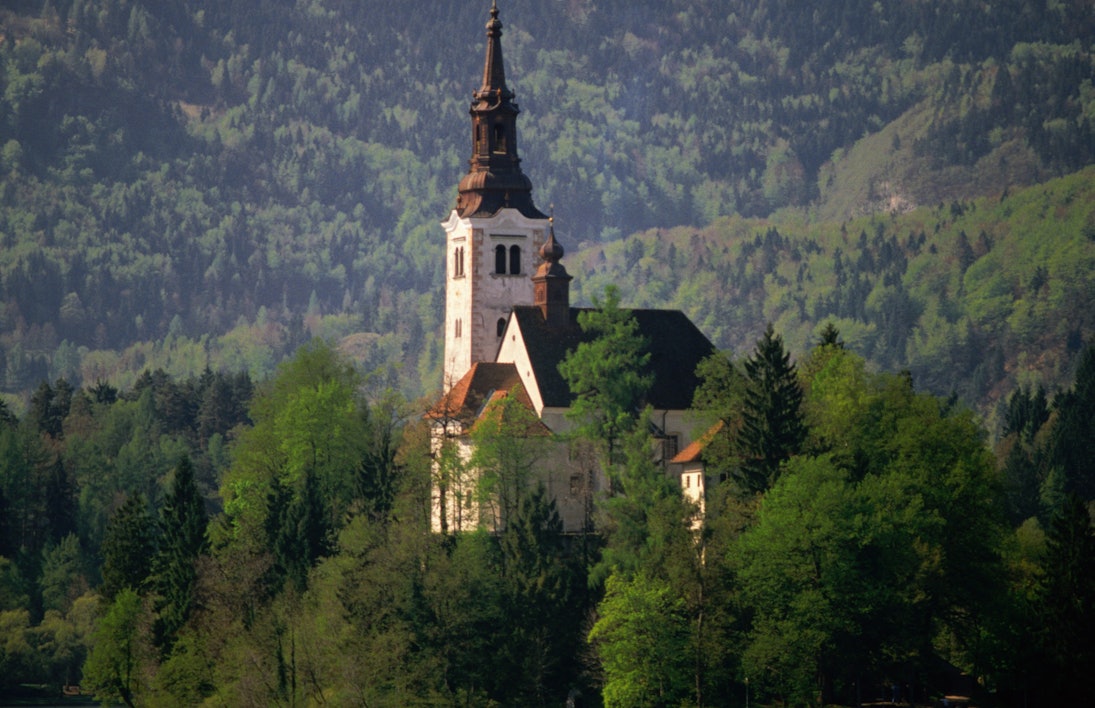 Belfry of baroque Church of the Assumption, Bled Island.