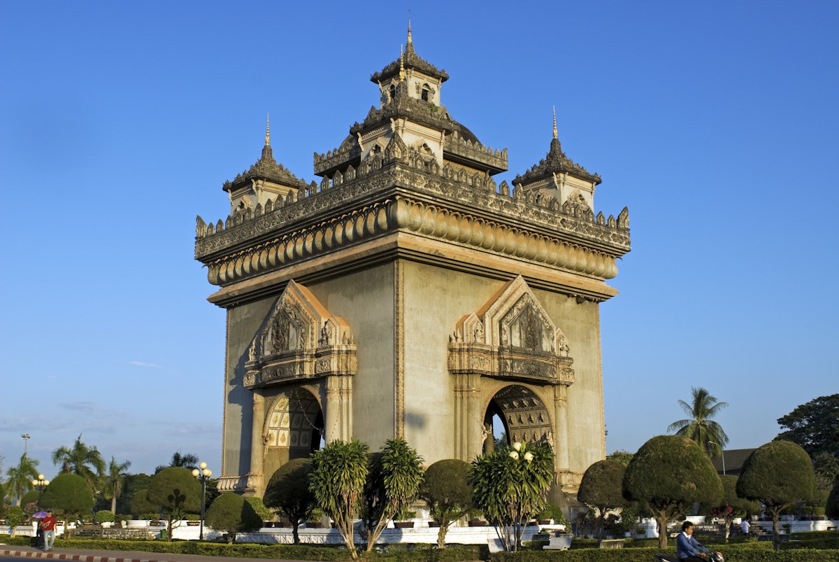 Laos, Vientiane, Arc de Triomphe. The Victory Gate, Gate of Triumph or Patuxai is a war monument in the centre of Vientiane which was built between 1957 and 1968 by the French.