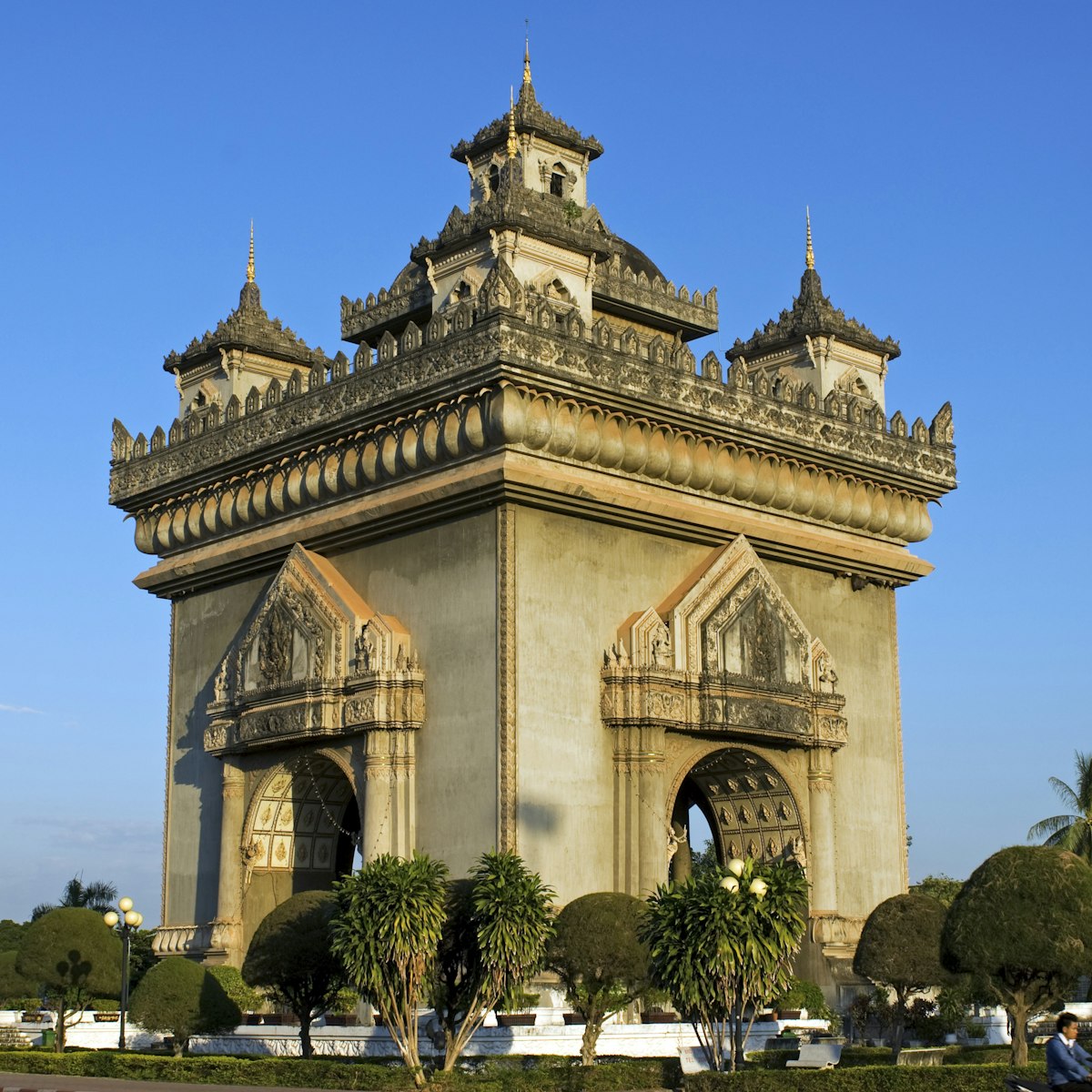 Laos, Vientiane, Arc de Triomphe. The Victory Gate, Gate of Triumph or Patuxai is a war monument in the centre of Vientiane which was built between 1957 and 1968 by the French.