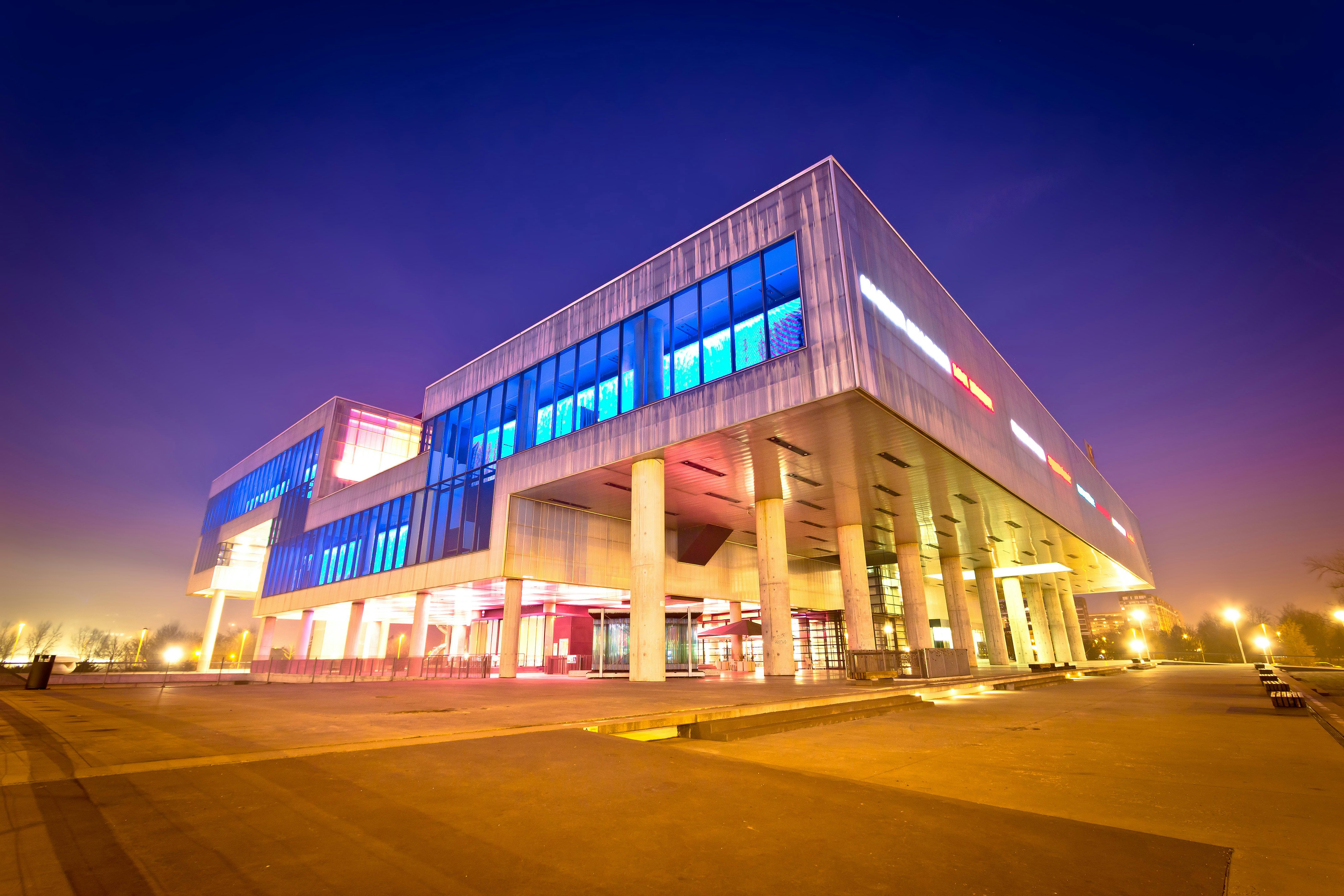 Zagreb, Croatia - December 11, 2015: Museum of contemporary art in Zagreb exterior evening  view. Popular cultural destination of Zagreb.
