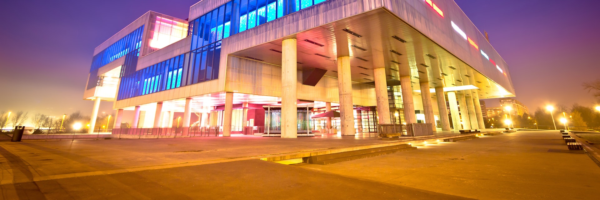 Zagreb, Croatia - December 11, 2015: Museum of contemporary art in Zagreb exterior evening  view. Popular cultural destination of Zagreb.